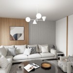 Lampa wisząca Hermes w białym kolorze, z dwoma źródłami światła E27 i dwoma E14. Posiada nowoczesny design z okrągłymi i stożkowymi kloszami, zawieszona w jasnym wnętrzu z drewnianą ścianą i sofą.