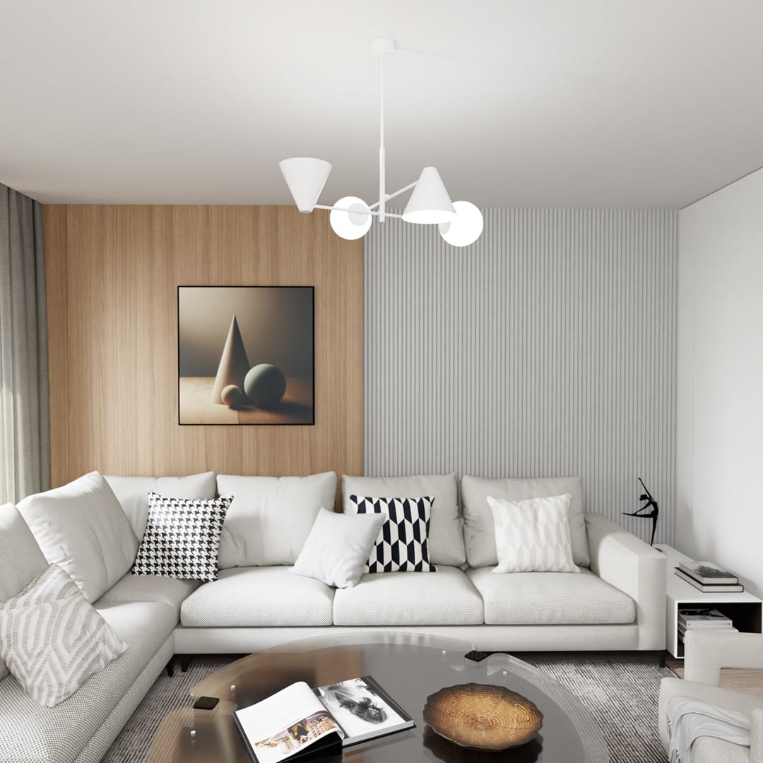 Lampa wisząca Hermes 2xE27+2xE14 w kolorze białym, z trzema asymetrycznymi kloszami w kształcie stożków i okrągłych kul, zawieszona w nowoczesnym wnętrzu z jasną kanapą i drewnianą ścianą.