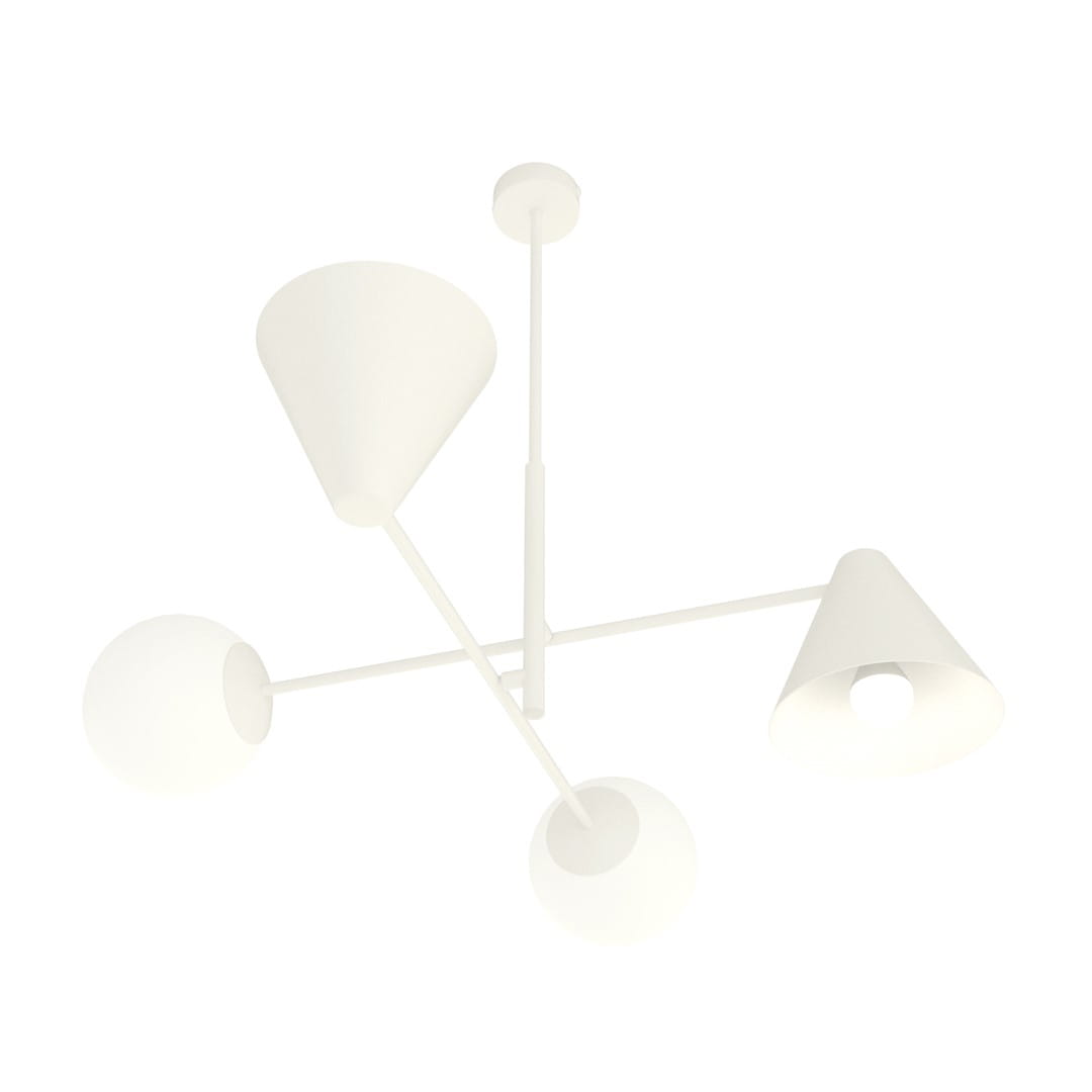Lampa wisząca Hermes w kolorze białym z dwoma kloszami w kształcie stożka i dwoma kulistymi. Ułożona w nowoczesny sposób, z widocznym mocowaniem sufitowym. Całość wykonana z matowego materiału, idealna do aranżacji wnętrz.