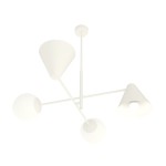 Lampa wisząca Hermes w kolorze białym z dwoma kloszami w kształcie stożka i dwoma kulistymi. Ułożona w nowoczesny sposób, z widocznym mocowaniem sufitowym. Całość wykonana z matowego materiału, idealna do aranżacji wnętrz.