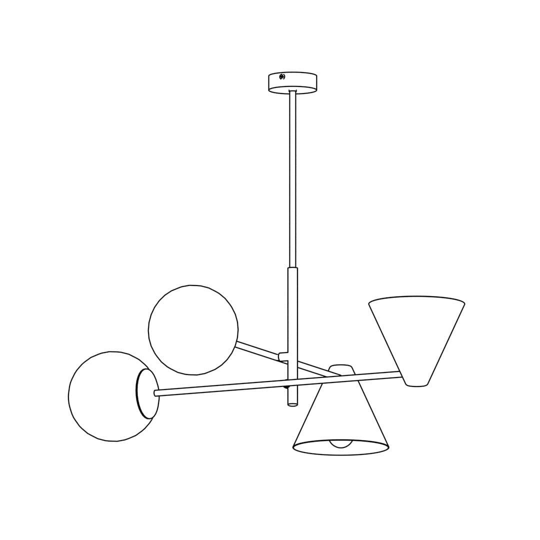 Lampa wisząca Hermes w kolorze białym, z dwoma oprawami E27 i dwiema E14. Posiada trzy klosze: dwa okrągłe i jeden stożkowy, rozmieszczone na metalowej konstrukcji. Ujęcie z boku, zawieszona na prostym, pionowym przewodzie.