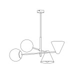 Lampa wisząca Hermes w kolorze białym, z dwoma oprawami E27 i dwiema E14. Posiada trzy klosze: dwa okrągłe i jeden stożkowy, rozmieszczone na metalowej konstrukcji. Ujęcie z boku, zawieszona na prostym, pionowym przewodzie.
