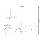 Lampa wisząca Hermes w kolorze białym, z dwoma źródłami światła E27 i dwoma E14. Ma geometryczny kształt z kulistymi i stożkowymi elementami. Wymiary: 70 cm szerokości, 60 cm wysokości. Ujęcie z góry, na jednolitym tle.