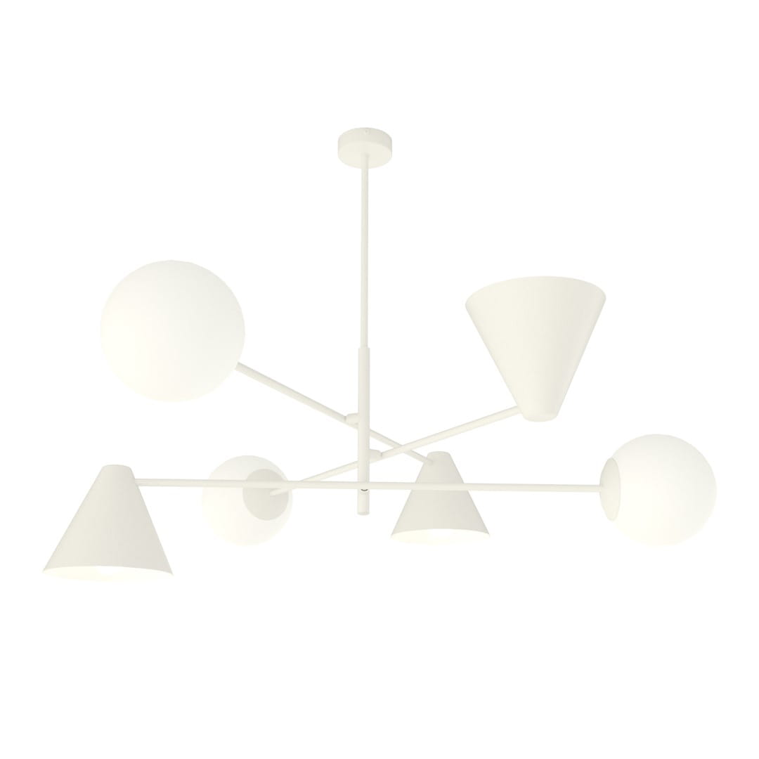 Lampa wisząca Hermes w białym kolorze, z trzema kloszami w kształcie stożków i dwoma kulistymi. Wyposażona w trzy gniazda E27 i trzy gniazda E14. Zawieszona na cienkim stelażu, prezentuje nowoczesny design.