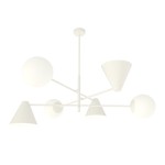 Lampa wisząca Hermes w białym kolorze, z trzema kloszami w kształcie stożków i dwoma kulistymi. Wyposażona w trzy gniazda E27 i trzy gniazda E14. Zawieszona na cienkim stelażu, prezentuje nowoczesny design.
