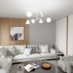 Lampa wisząca Hermes z trzema kloszami w kształcie stożków i kul, w białym kolorze, zawieszona w nowoczesnym wnętrzu. Klosze rozmieszczone asymetrycznie, tworzą harmonijną kompozycję nad okrągłym stołem. Tło z drewnianą ścianą i białymi panelami.