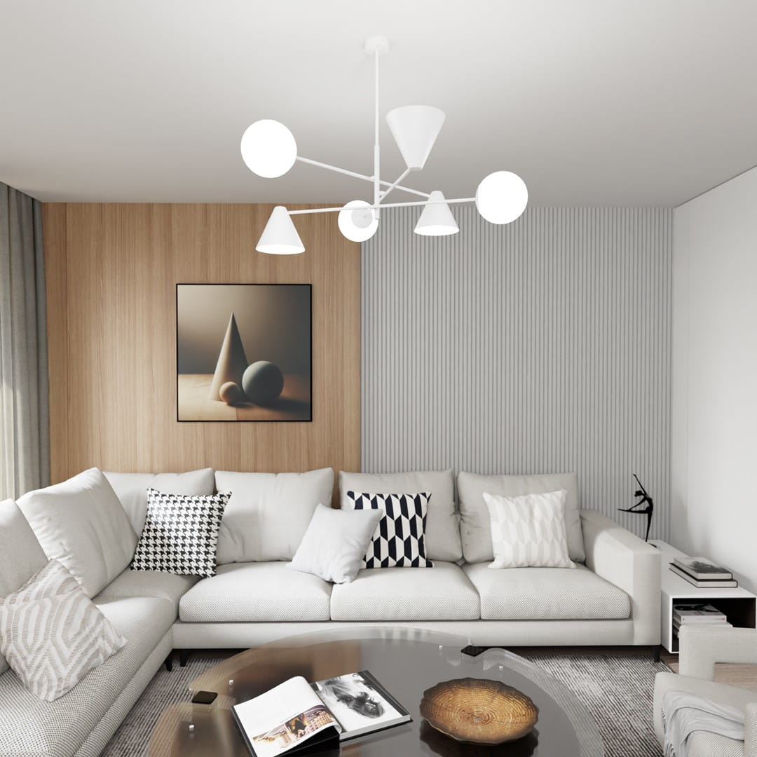 Lampa wisząca Hermes z trzema kulistymi i trzema stożkowymi kloszami w kolorze białym, zawieszona pod sufitem w nowoczesnym wnętrzu. Widoczne detale to minimalistyczna konstrukcja oraz eleganckie wykończenie.