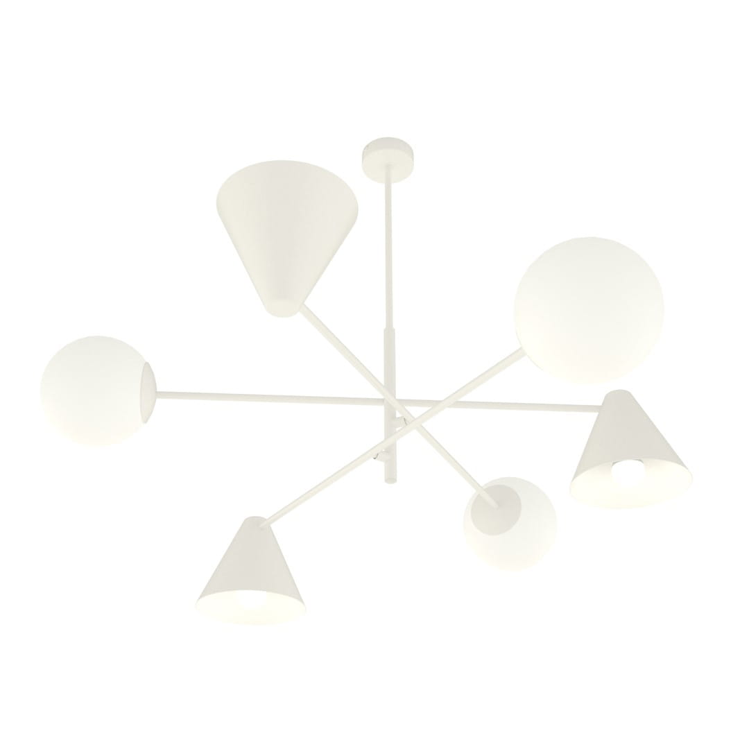 Lampa wisząca Hermes w kolorze białym, z sześcioma źródłami światła, w tym trzy oprawy E27 i trzy E14. Kształt geometryczny z kulistymi i stożkowymi kloszami, zawieszona na cienkich ramionach w minimalistycznym stylu.