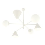 Lampa wisząca Hermes w kolorze białym, z sześcioma źródłami światła, w tym trzy oprawy E27 i trzy E14. Kształt geometryczny z kulistymi i stożkowymi kloszami, zawieszona na cienkich ramionach w minimalistycznym stylu.
