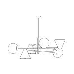 Lampa wisząca Hermes z trzema kloszami w kształcie stożków i kul, w kolorze białym. Posiada uchwyt sufitowy oraz miejsce na trzy żarówki E27 i trzy E14. Produkt wisi w pozycji otwartej, prezentując nowoczesny design.