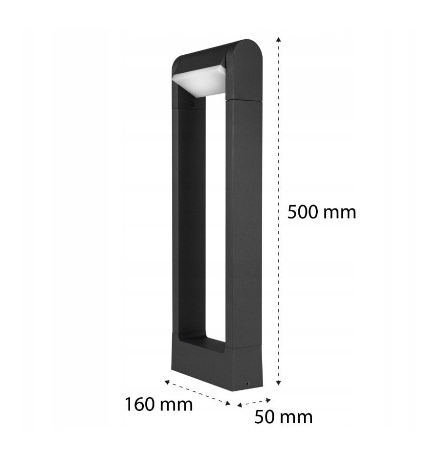Santina LED H50 to antracytowa lampa stojąca ogrodowa w kształcie słupka. Wymiary: wysokość 500 mm, szerokość 50 mm, głębokość 160 mm. Lampa ma prostą, nowoczesną formę z kwadratowym górnym kloszem, idealna do oświetlenia przestrzeni na zewnątrz.