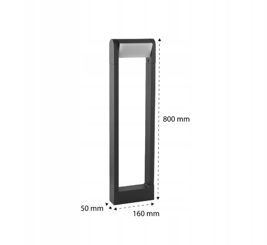Lampa stojąca ogrodowa Santina LED H80 w kolorze antracytowym, o wymiarach 800 mm wysokości, 160 mm szerokości i 50 mm głębokości. Prosty, prostokątny kształt z górnym źródłem światła, idealna do oświetlenia przestrzeni zewnętrznych.