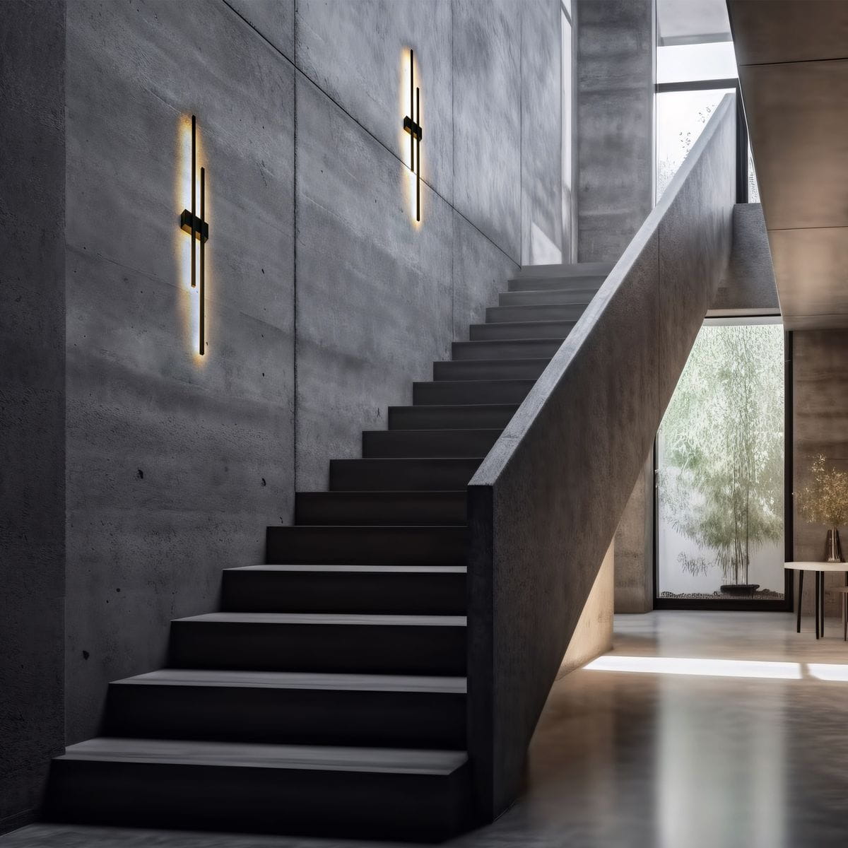 Kinkiet Flash w kolorze czarnym, 2xLED/24W, zamontowany na ścianie przy schodach. Prosta, nowoczesna forma z pionowymi elementami świetlnymi, emitującymi ciepłe światło. Tło w odcieniach szarości, minimalistyczne wnętrze z dużymi oknami.