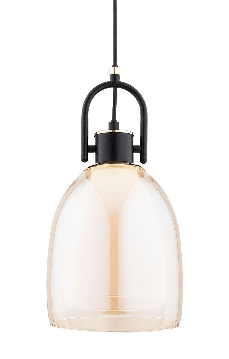 Lampa wisząca Soda w kolorze czarnym i złotym z kloszem w kształcie stożka. Ujęcie frontalne, zawieszona na cienkim przewodzie. Klosz przezroczysty, o delikatnej, lekko złotej barwie, z metalowym elementem mocującym.