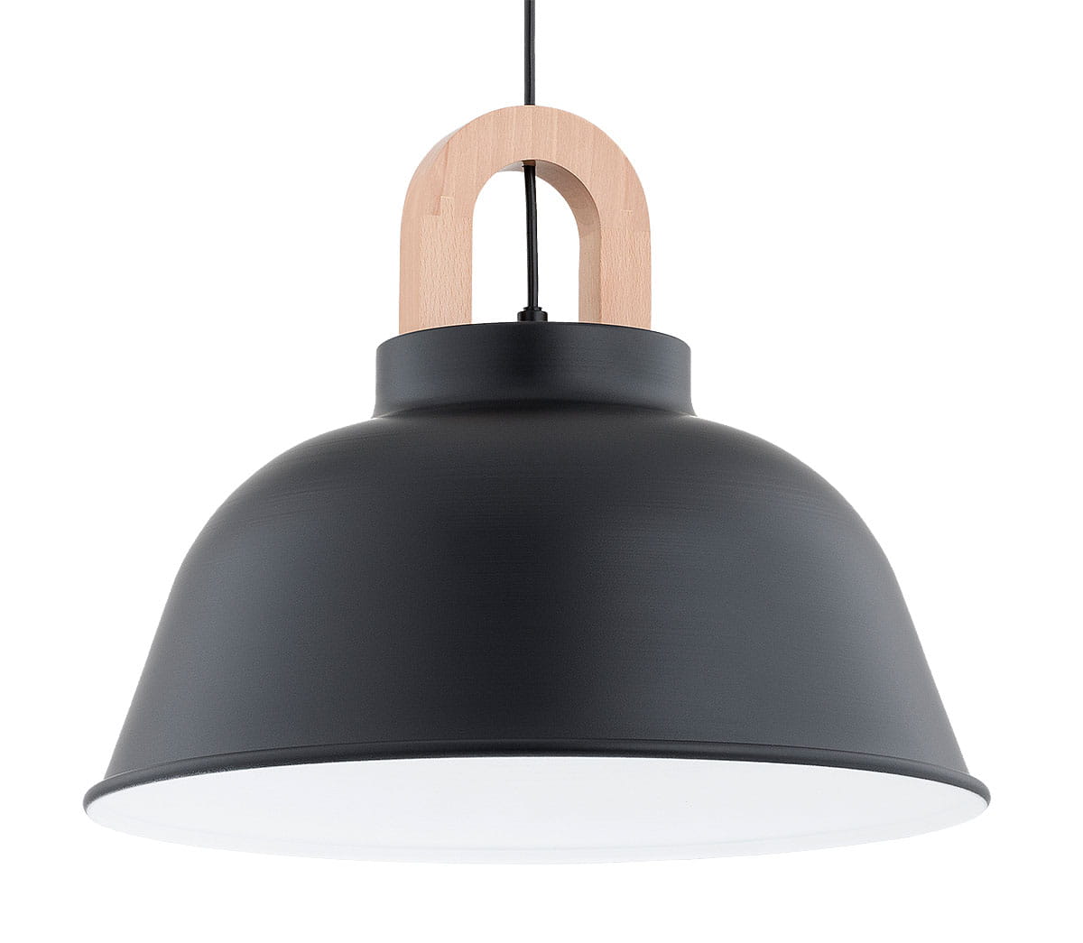 Czarna lampa wisząca Vayper z oprawą z matowego metalu i drewnianym uchwytem. Kształt stożkowaty, z białym wnętrzem. Ujęcie frontalne, lampa zawieszona na czarnym przewodzie. Idealna do nowoczesnych aranżacji wnętrz.
