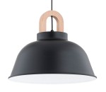 Czarna lampa wisząca Vayper z oprawą z matowego metalu i drewnianym uchwytem. Kształt stożkowaty, z białym wnętrzem. Ujęcie frontalne, lampa zawieszona na czarnym przewodzie. Idealna do nowoczesnych aranżacji wnętrz.