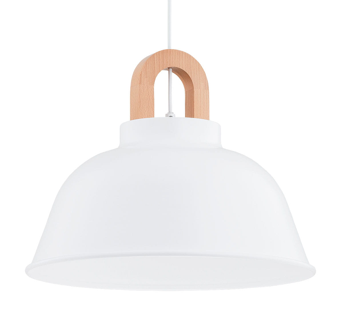 Lampa wisząca Vayper w kolorze białym z kloszem o zaokrąglonym kształcie. Utrzymana w minimalistycznym stylu, z drewnianym uchwytem. Zawieszona na białym przewodzie, idealna do nowoczesnych wnętrz.