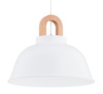 Lampa wisząca Vayper w kolorze białym z kloszem o zaokrąglonym kształcie. Utrzymana w minimalistycznym stylu, z drewnianym uchwytem. Zawieszona na białym przewodzie, idealna do nowoczesnych wnętrz.