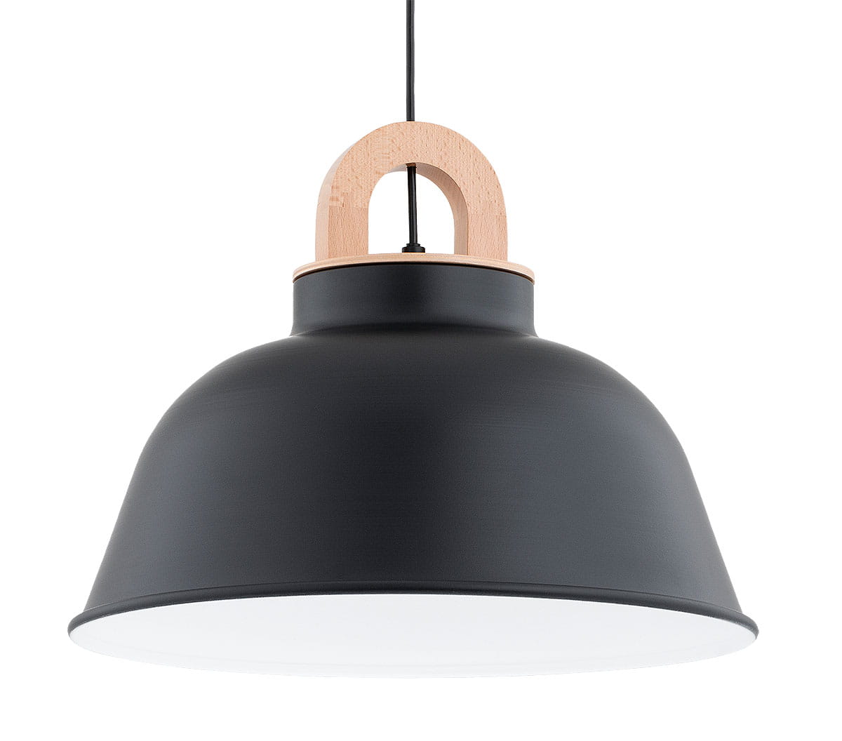Lampa wisząca Vayper Duo w kolorze czarnym z metalowym kloszem i drewnianym uchwytem. Posiada gładką powierzchnię i jest zawieszona na czarnym przewodzie. Klosz ma okrągły kształt, z białym wnętrzem, idealna do nowoczesnych wnętrz.