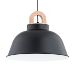 Lampa wisząca Vayper Duo w kolorze czarnym z metalowym kloszem i drewnianym uchwytem. Posiada gładką powierzchnię i jest zawieszona na czarnym przewodzie. Klosz ma okrągły kształt, z białym wnętrzem, idealna do nowoczesnych wnętrz.