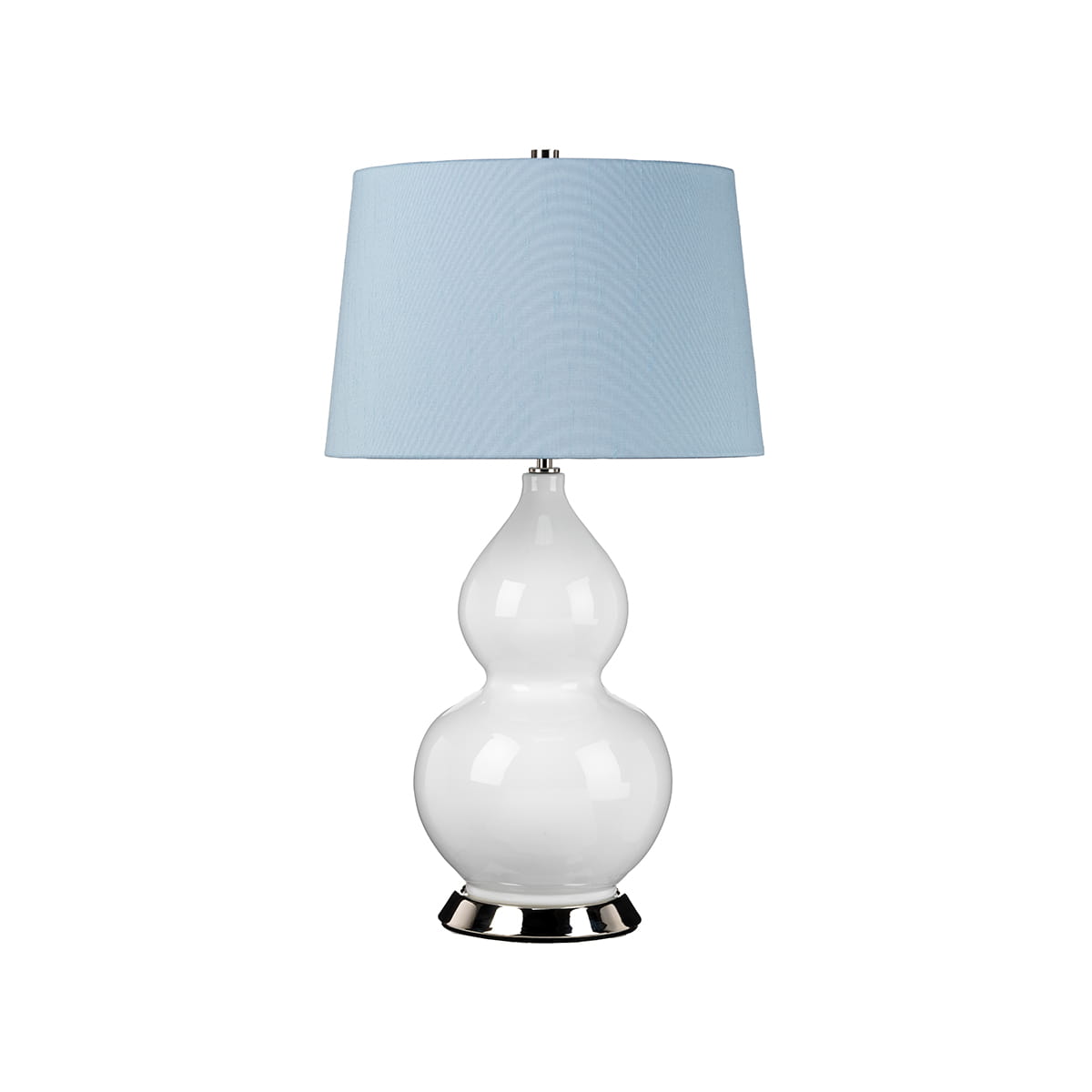 Lampka stołowa Isla z białą, ceramiczną podstawą w kształcie podwójnej figury oraz niebieskim, tekstylnym kloszem. Produkt ustawiony w pozycji stojącej, z metalową podstawą. Idealna do wnętrz w stylu nowoczesnym.