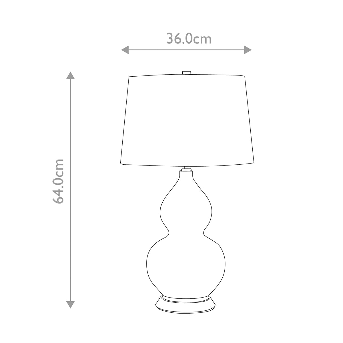 Niebieska lampka stołowa Isla z abażurem, o wysokości 64 cm i średnicy 36 cm. Kształt podstawy przypominający klepsydrę, wykonana z materiału ceramicznego. Używa żarówki E27, stojąca, w prostym ujęciu z wymiarami.