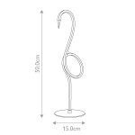 Lampa stołowa Flamingo o wysokości 50 cm i średnicy podstawy 15 cm. Biała, o smukłym kształcie przypominającym flaminga, z okrągłym elementem dekoracyjnym. Wbudowane źródło światła LED 6W. Ujęcie frontalne.