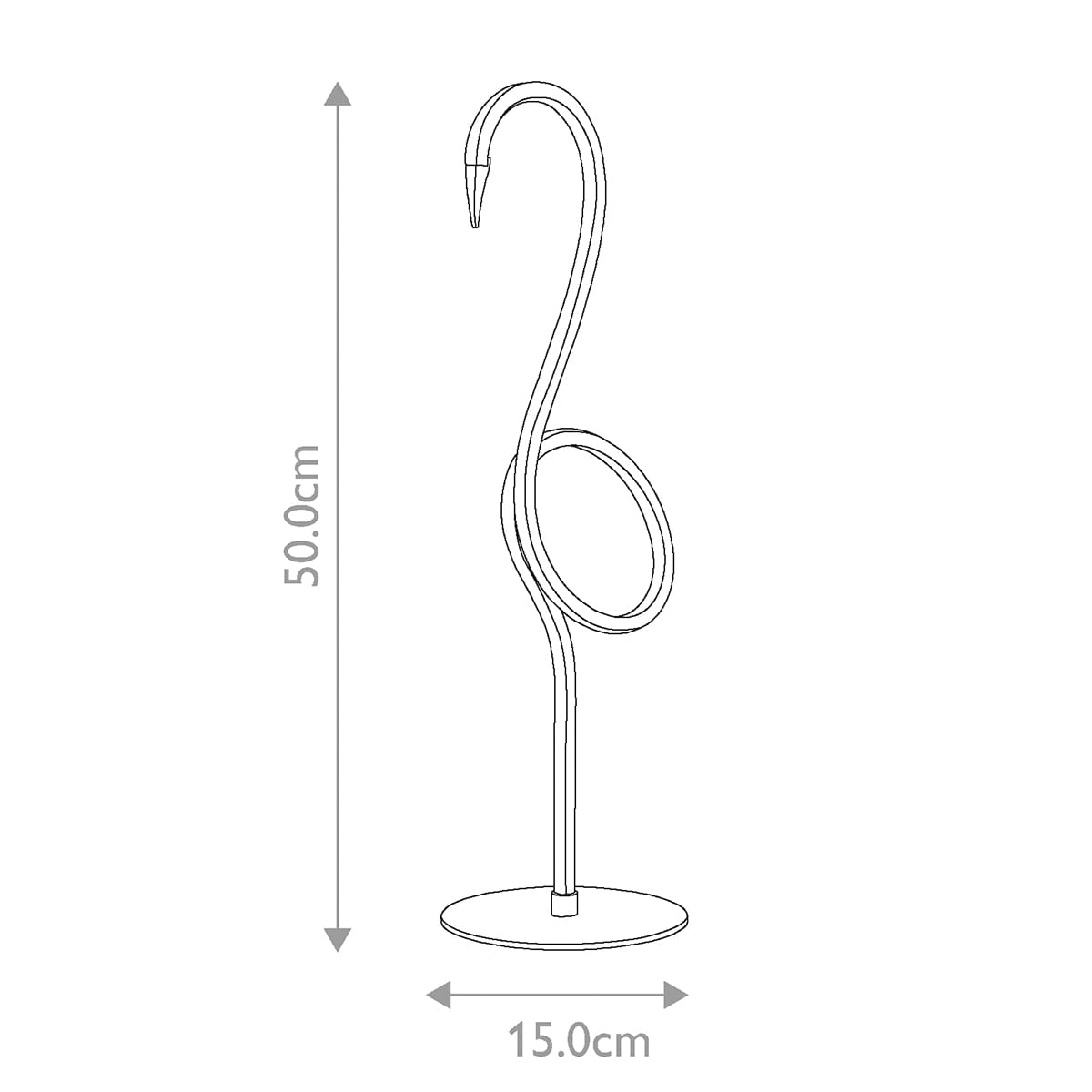 Lampka stołowa Flamingo w kolorze czarnym o wysokości 50 cm i średnicy podstawy 15 cm, z unikalnym kształtem flaminga. Wykonana z metalu, z okrągłym elementem w kształcie pierścienia. Zasilana jednym LED o mocy 6W.
