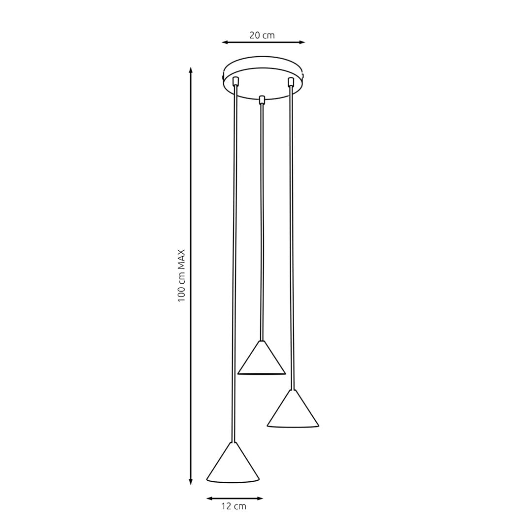 Czarna lampa wisząca Elit z trzema kloszami w kształcie stożków, mocowana do sufitu. Wymiary: średnica 20 cm, długość max 100 cm, klosze o średnicy 12 cm. Prosty, nowoczesny design, idealna do wnętrz.
