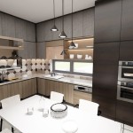 Czarna lampa wisząca Elit 4xGX53 z czterema, stożkowymi kloszami, zawieszona nad stołem w nowoczesnej kuchni. Lampa w minimalistycznym stylu, idealna do oświetlenia przestrzeni roboczej i jadalnianej.