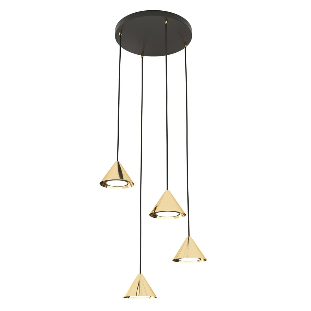 Lampa wisząca Elit z czterema kloszami w kształcie stożków, w kolorze czarnym i złotym. Klosze zawieszone na cienkich czarnych przewodach, montowane do okrągłej podstawy sufitowej. Idealna do nowoczesnych wnętrz.