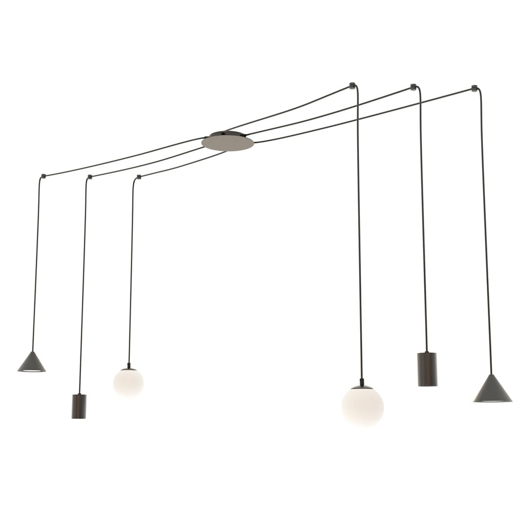 Lampa wisząca Fuji z sześcioma źródłami światła (E14/GU10/GX53), czarna, z różnymi kloszami: kulistym i stożkowym. Zawieszona na cienkich linkach, z okrągłą podsufitką. Nowoczesny design, idealna do aranżacji wnętrz.