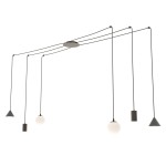 Lampa wisząca Fuji z sześcioma źródłami światła (E14/GU10/GX53), czarna, z różnymi kloszami: kulistym i stożkowym. Zawieszona na cienkich linkach, z okrągłą podsufitką. Nowoczesny design, idealna do aranżacji wnętrz.