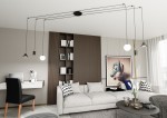 Lampa wisząca Fuji 6xE14/GU10/GX53 w kolorze czarnym, z pięcioma różnymi kloszami w formie kulistej, stożkowej i cylindrycznej. Zawieszona na cienkich linkach, w nowoczesnym wnętrzu z szaro-beżowymi tonami.
