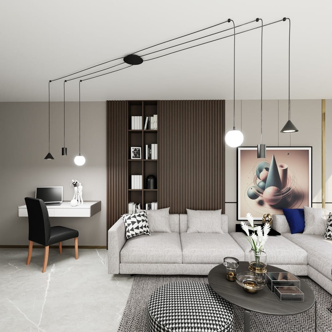 Czarna lampa wisząca Fuji z sześcioma źródłami światła E14/GU10/GX53, zamontowana na długich przewodach. W tle nowoczesny salon z szarym narożnikiem, biurkiem i regałem oraz dekoracyjnym obrazem.