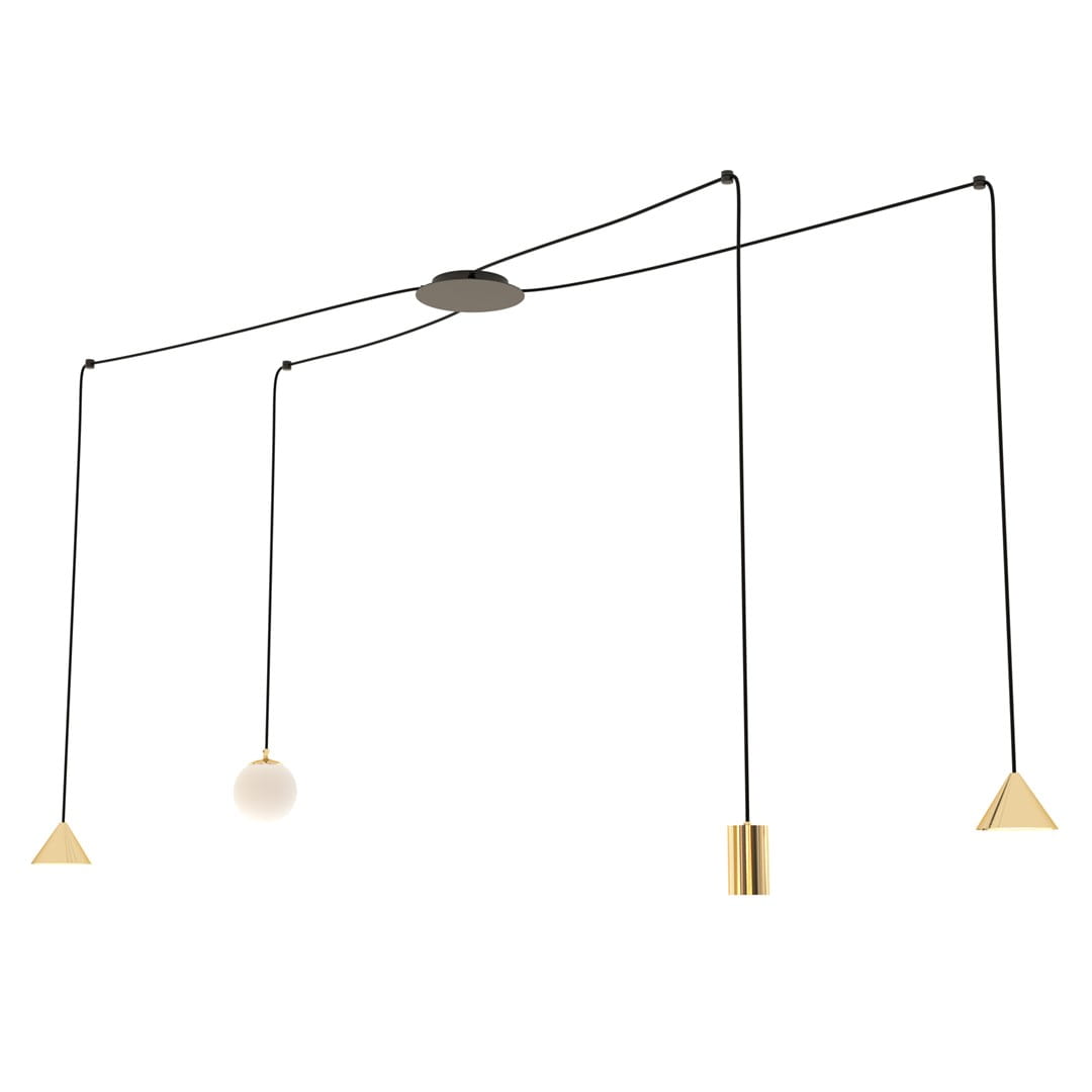 Lampa wisząca Fuji z 4 gniazdami E14/GU10/GX53, w kolorze czarnym i złotym. Posiada trzy różne klosze: kulisty, stożkowy i cylindryczny, zawieszone na czarnych linkach. Umożliwia regulację wysokości i nowoczesne oświetlenie wnętrz.