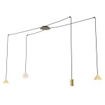 Lampa wisząca Fuji z 4 gniazdami E14/GU10/GX53, w kolorze czarnym i złotym. Posiada trzy różne klosze: kulisty, stożkowy i cylindryczny, zawieszone na czarnych linkach. Umożliwia regulację wysokości i nowoczesne oświetlenie wnętrz.