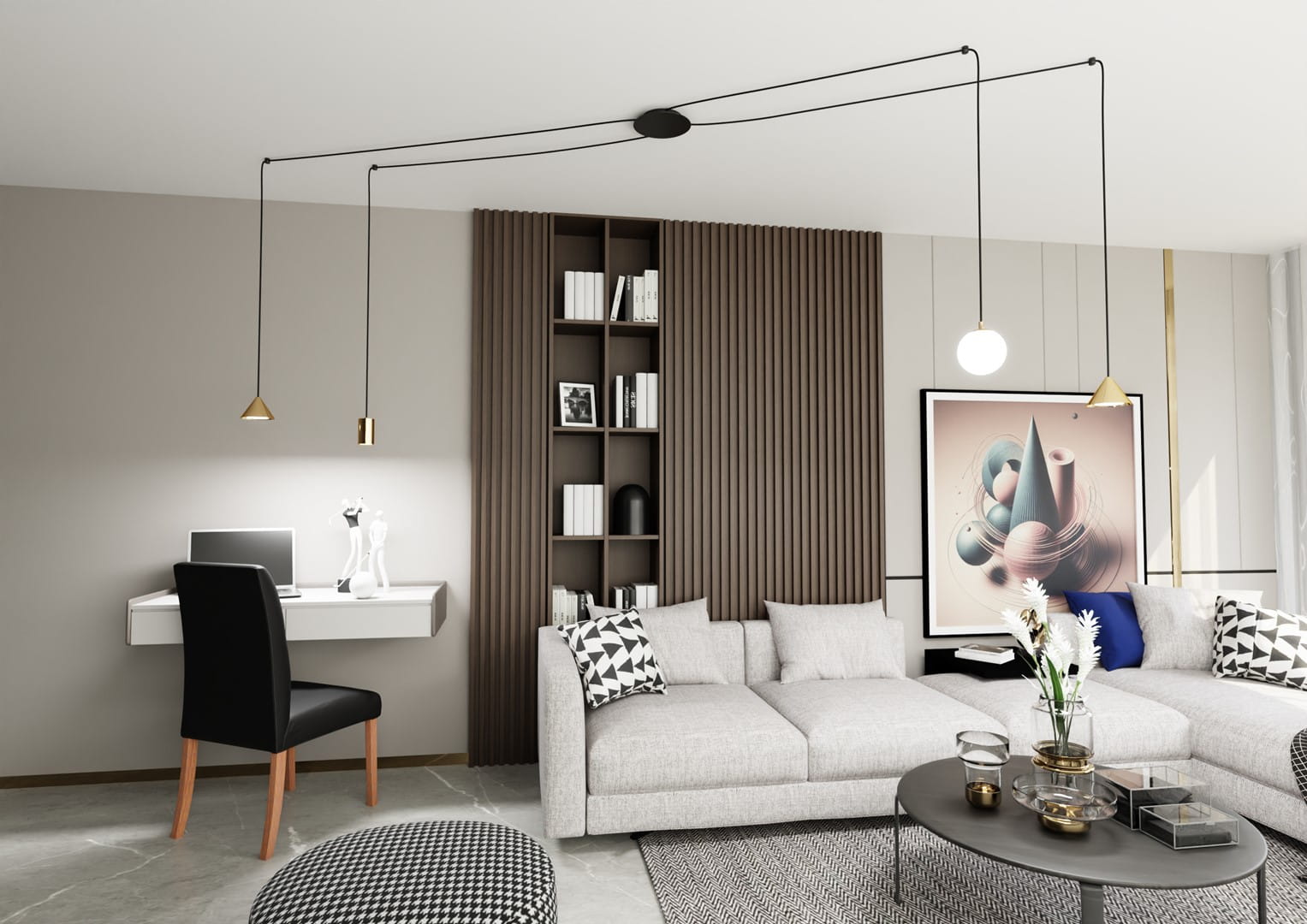 Lampa wisząca Fuji 4xE14/GU10/GX53 w kolorze czarnym i złotym, zawieszona na cienkich linkach, w nowoczesnym wnętrzu z biurkiem, sofą i regałem. Ujęcie z przodu, podkreślające elegancki design i unikalne kształty kloszy.