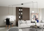 Lampa wisząca Fuji 4xE14/GU10/GX53 w kolorze czarnym i złotym, zawieszona na cienkich linkach, w nowoczesnym wnętrzu z biurkiem, sofą i regałem. Ujęcie z przodu, podkreślające elegancki design i unikalne kształty kloszy.