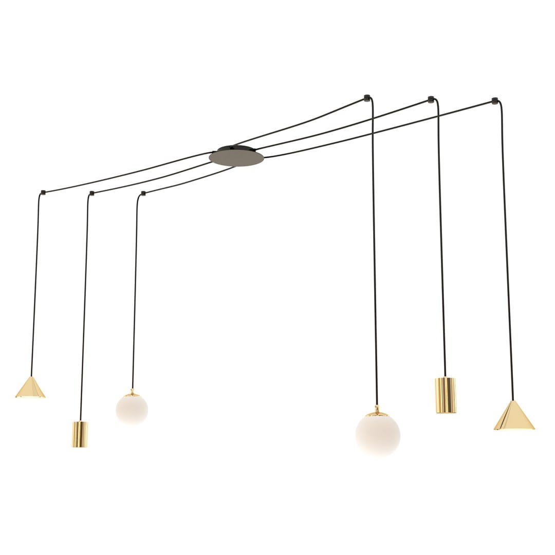 Lampa wisząca Fuji z sześcioma źródłami światła E14/GU10/GX53, o czarnej konstrukcji z metalowymi, złotymi detalami. Ma różne kształty: okrągły, cylindryczny i trójkątny. Zawieszona na cienkich linkach, w minimalistycznym stylu.