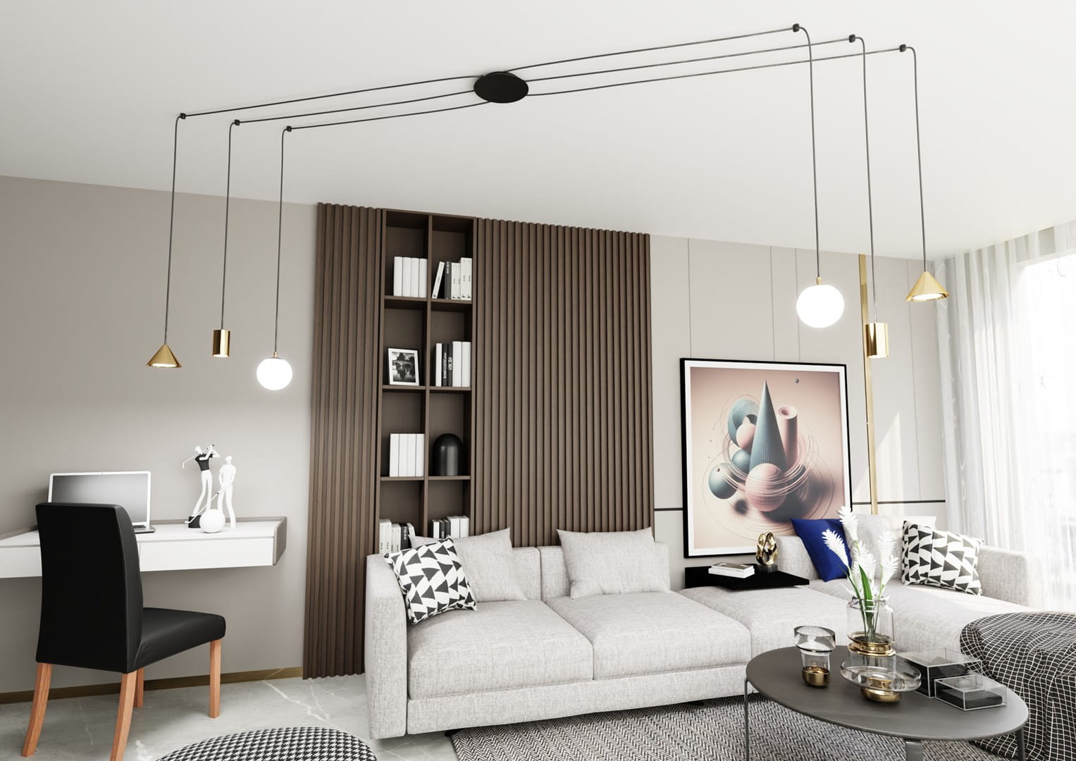 Lampa wisząca Fuji z sześcioma źródłami światła E14/GU10/GX53, w kolorze czarnym i złotym. Zawieszona na cienkich linkach, łącząca różne kształty kloszy: stożkowy, kulisty i cylindryczny. Umieszczona w nowoczesnym wnętrzu z jasnymi meblami i dekoracjami.