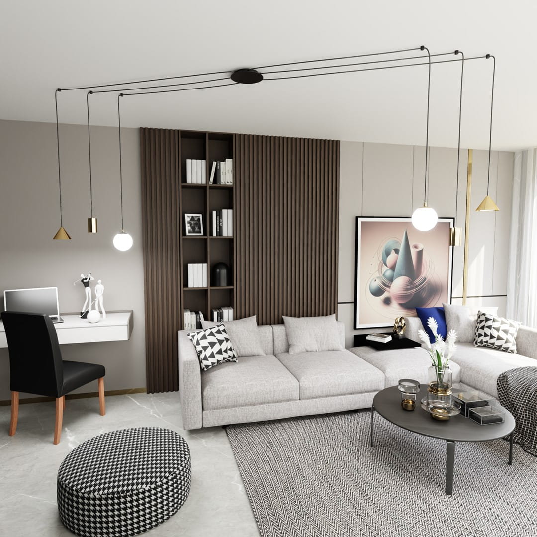 Lampa wisząca Fuji 6xE14/GU10/GX53 w kolorze czarnym i złotym, z sześcioma źródłami światła. Zawieszona na cienkich linkach, umieszczona w nowoczesnym wnętrzu, nad kanapą. W tle widoczna biblioteczka i stół kawowy.