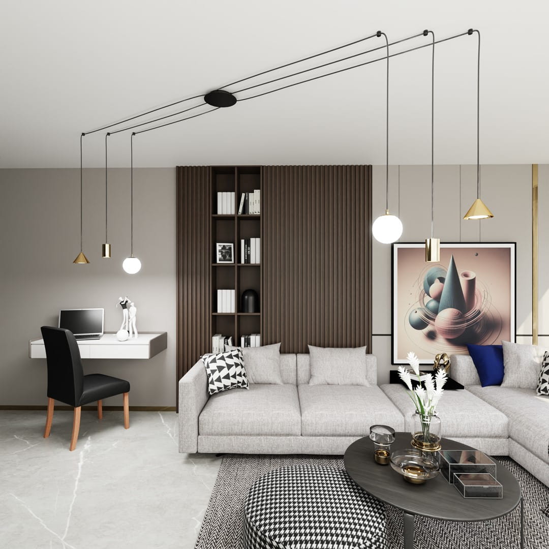 Lampa wisząca Fuji 6xE14/GU10/GX53 w kolorze czarnym i złotym, zawieszona na trzech cienkich przewodach. W otoczeniu nowoczesnego wnętrza z szarym narożnikiem, czarnym krzesłem oraz dekoracyjnymi elementami, tworzy elegancką aranżację.