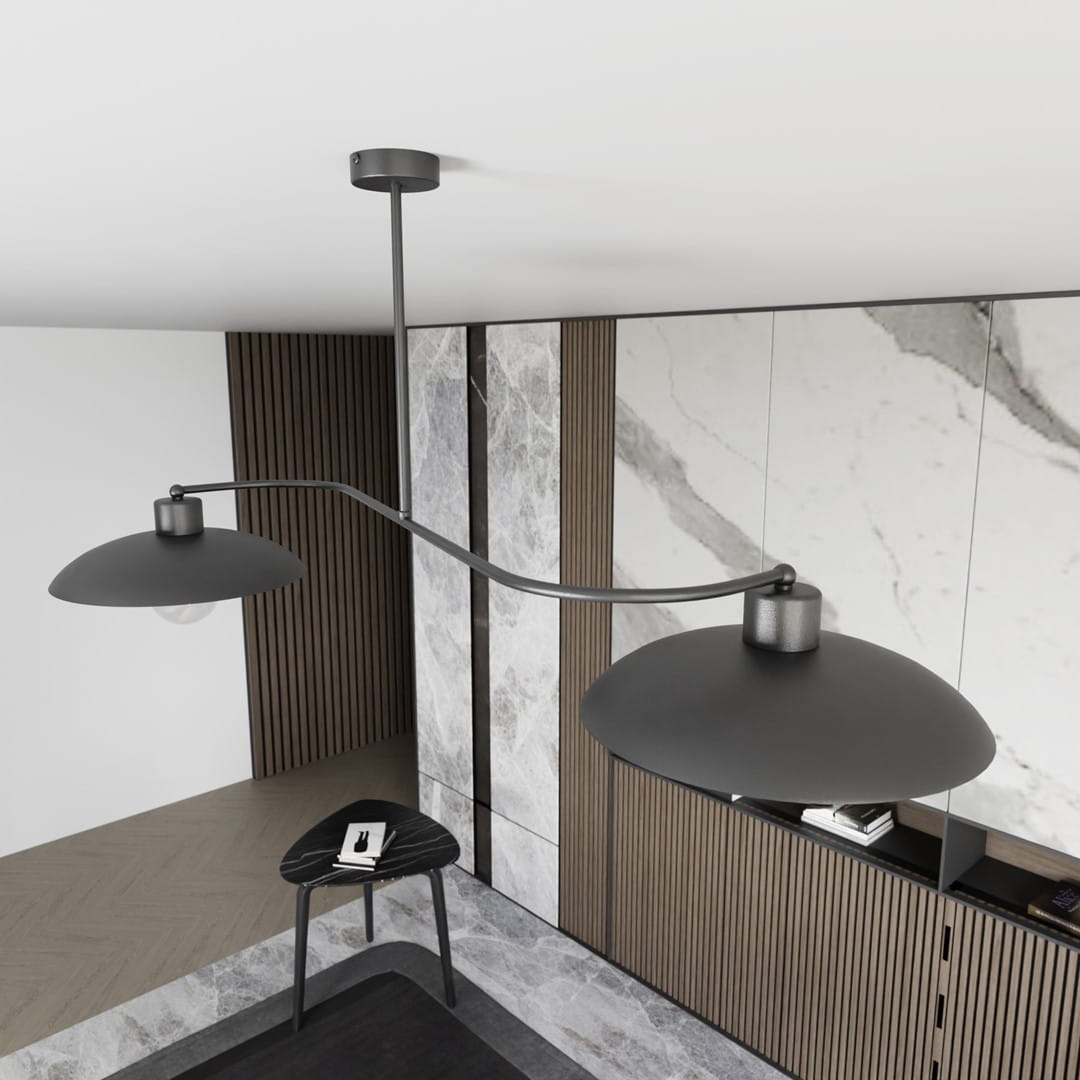 Lampa wisząca Foster 2xE27 w kolorze czarnym, z podwójnymi kloszami o zaokrąglonym kształcie. Zawieszona na smukłym ramieniu, umieszczona w nowoczesnym wnętrzu z marmurowymi i drewnianymi akcentami.