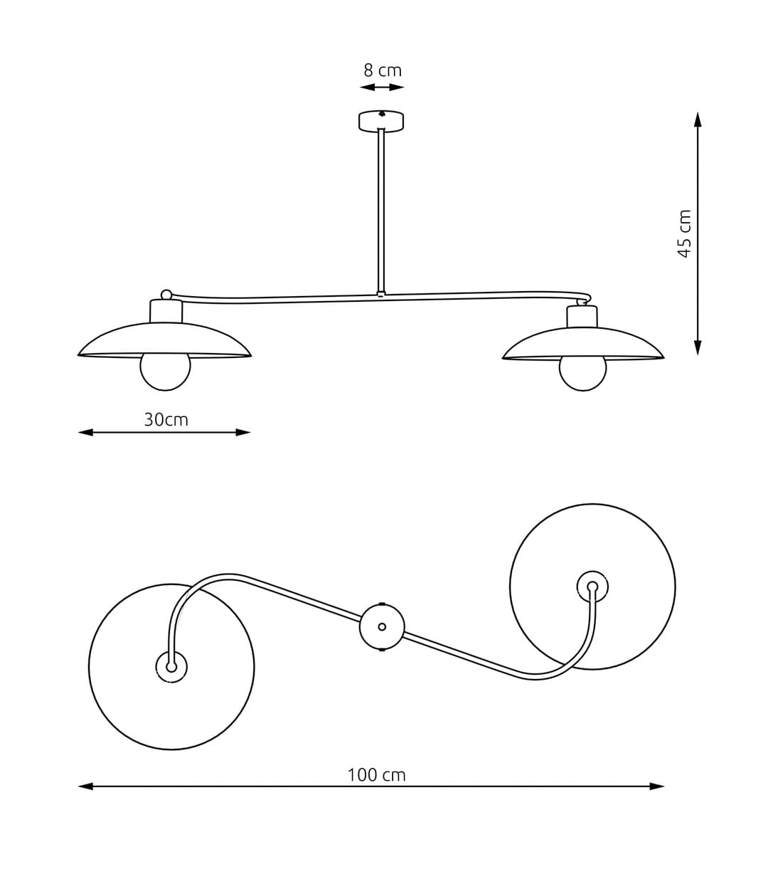Czarna lampa wisząca Foster z dwoma kloszami na żarówki E27. Zawieszona na cienkim przewodzie, ma wymiary 100 cm długości, 30 cm szerokości i 45 cm wysokości. Klosze mają średnicę 30 cm i wysokość 8 cm, tworząc nowoczesny, minimalistyczny design.
