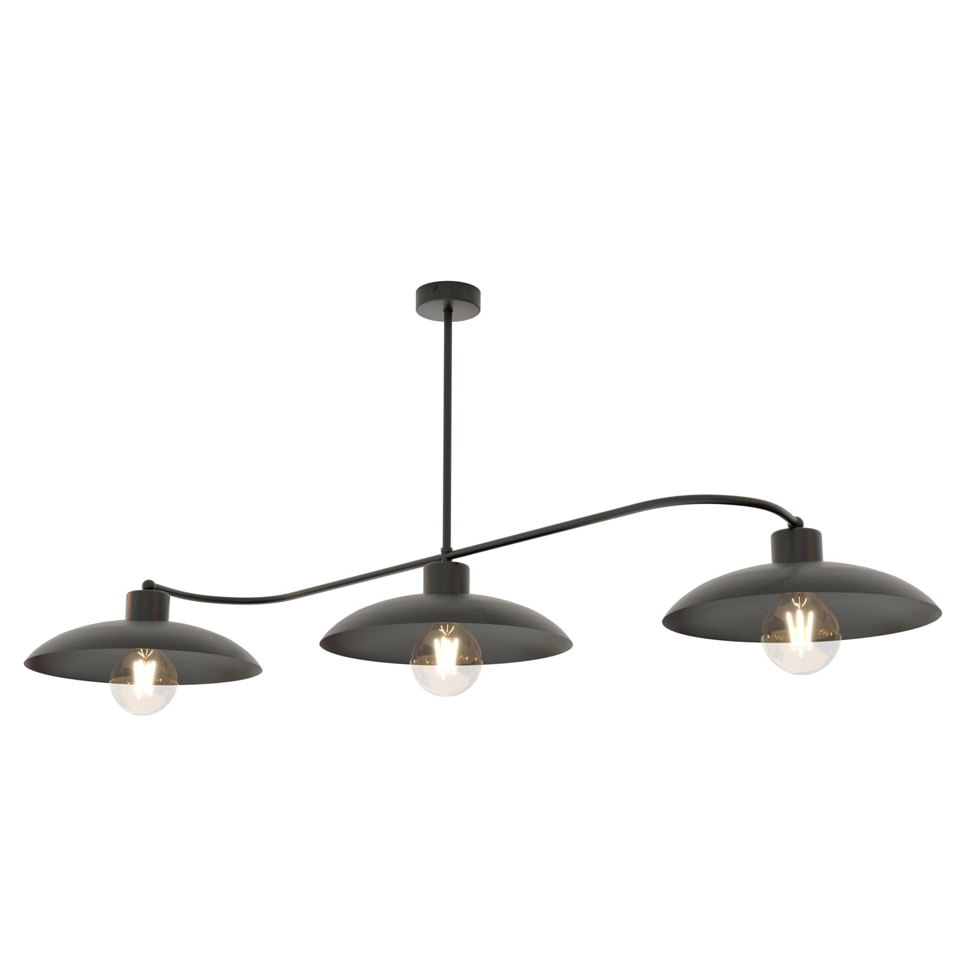 Lampa wisząca Foster 3xE27 w kolorze czarnym, z trzema okrągłymi kloszami, zawieszona na cienkim, metalowym ramieniu. Klosze mają matowe wykończenie, a w ich wnętrzu umieszczone są żarówki. Ujęcie z przodu, na białym tle.