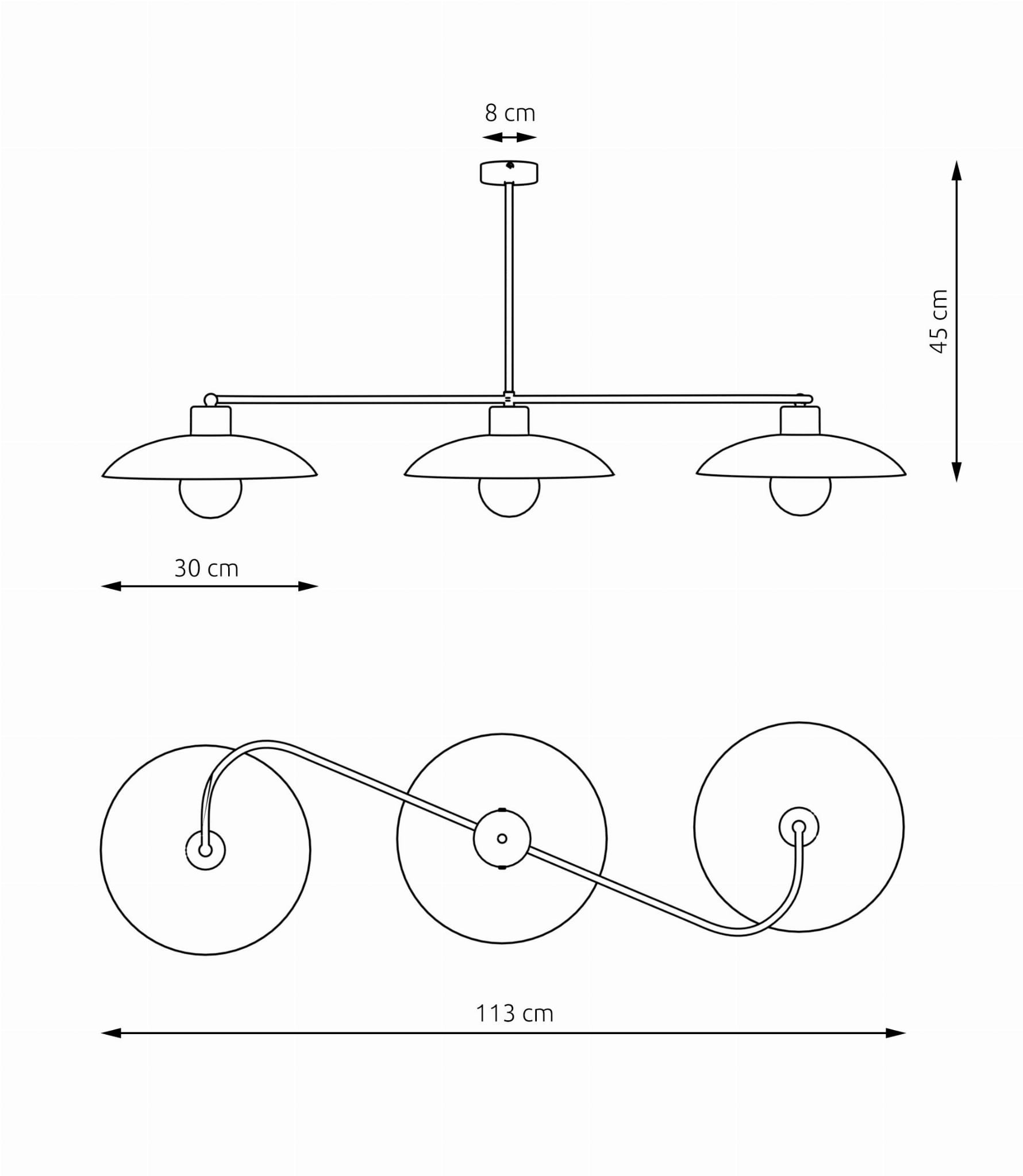 Lampa wisząca Foster 3xE27 w kolorze czarnym. Posiada trzy klosze o średnicy 30 cm, zawieszone na cienkim stelażu. Długość całkowita wynosi 113 cm, a wysokość 45 cm. Elementy metalowe z matowym wykończeniem, idealna do nowoczesnych wnętrz.