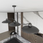 Lampa wisząca Foster 3xE27 w kolorze czarnym, z trzema okrągłymi kloszami na cienkich ramionach, zawieszona na metalowym stelażu. Ujęcie z góry, w nowoczesnym wnętrzu z marmurowymi i drewnianymi elementami.