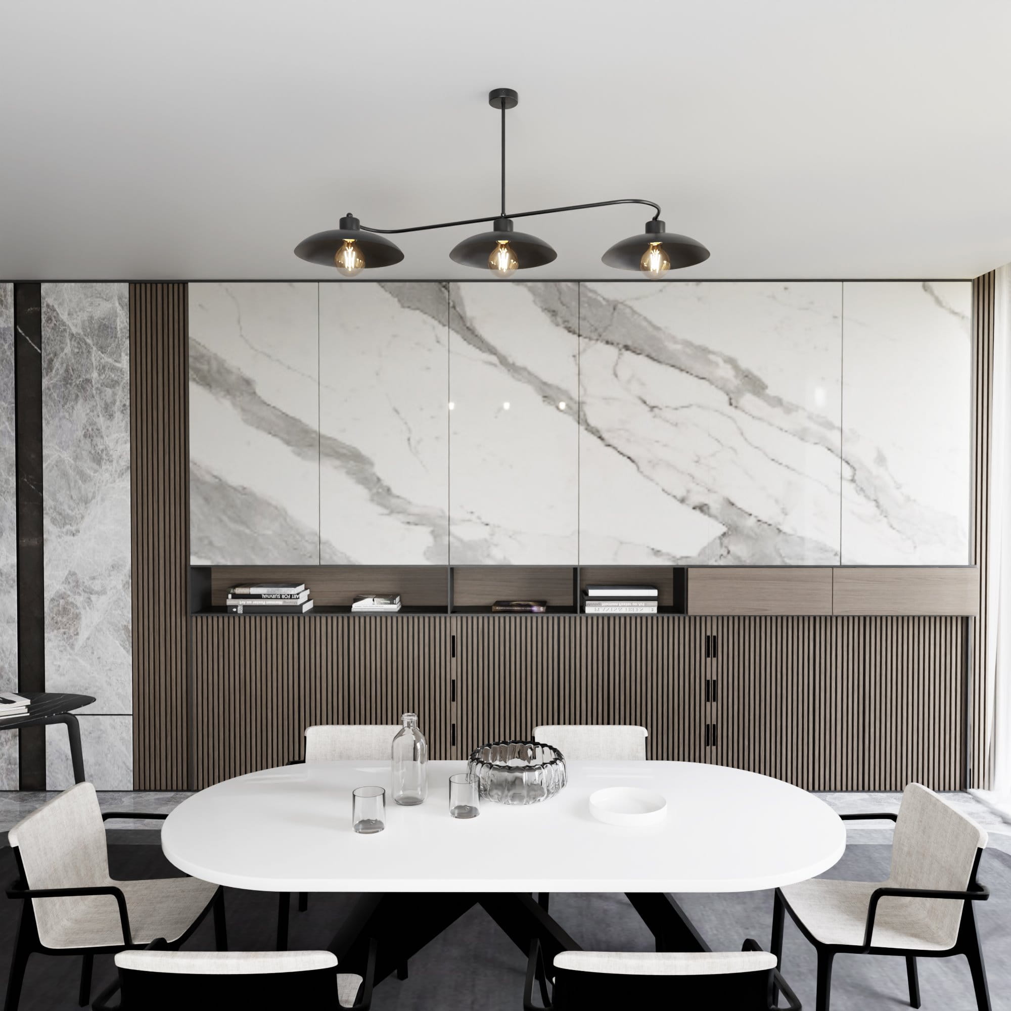 Lampa wisząca Foster 3xE27 w kolorze czarnym, z trzema kloszami w stylu industrialnym, zawieszona nad okrągłym stołem w nowoczesnej aranżacji. W tle widoczna elegancka zabudowa meblowa z marmurowym akcentem.