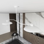 Lampa wisząca Foster 2xE27 w kolorze białym z dwoma okrągłymi kloszami, zawieszona na smukłym, zakrzywionym ramieniu. Ujęcie z góry, w nowoczesnym wnętrzu z marmurową ścianą i drewnianymi detalami.
